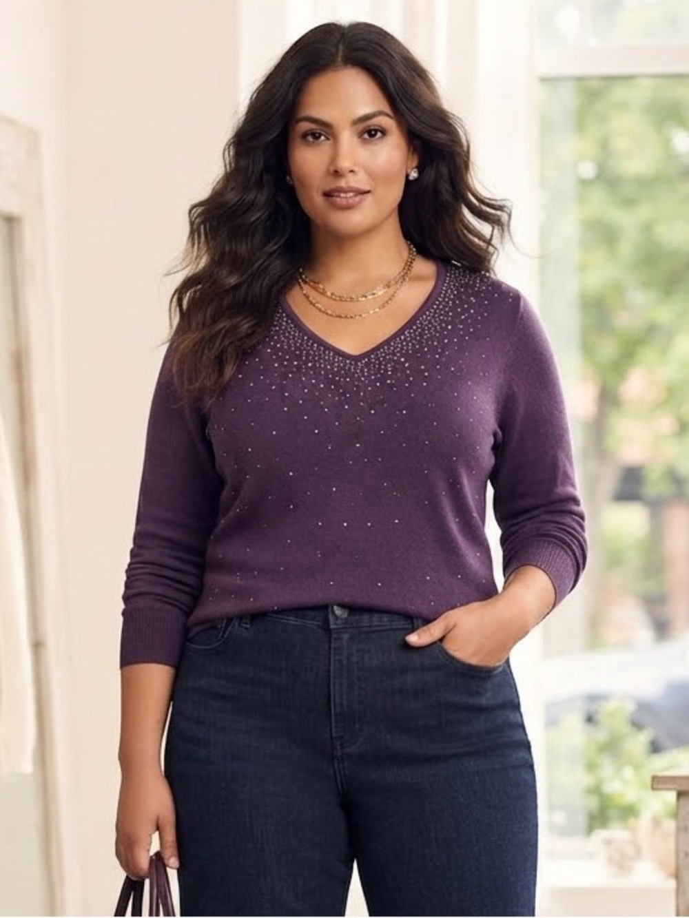 Karen Scott V-Neck Studded Pullover Sweater - Size XL